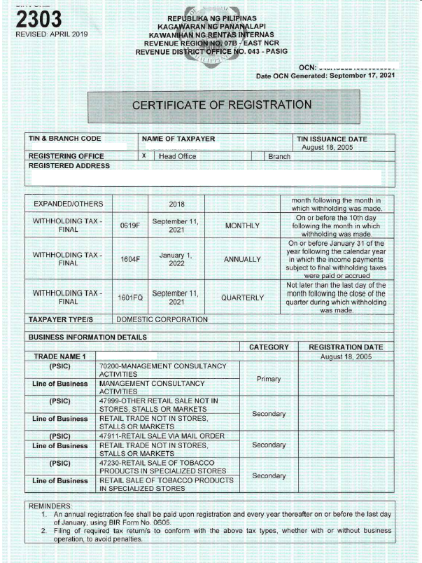 BIR Certificate of Registration (Sample)