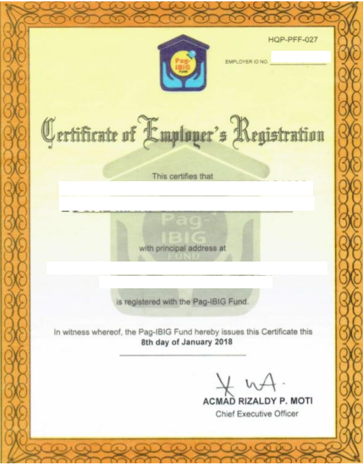 Pag-IBIG Certificate of Registration (Sample)