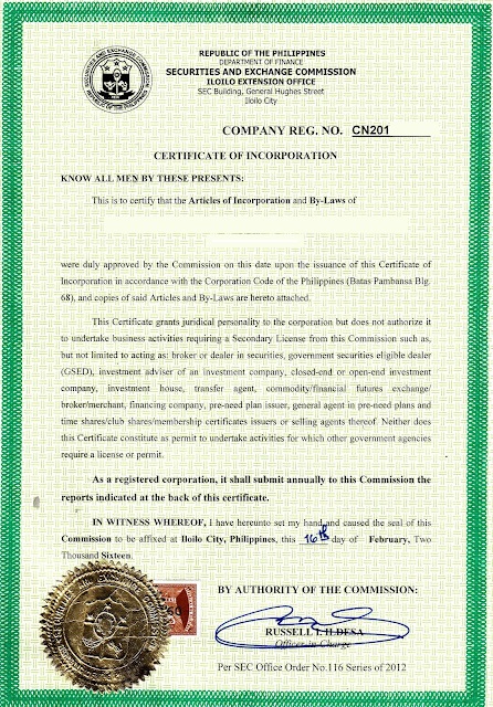 Sample SEC Certificate of Incorporation