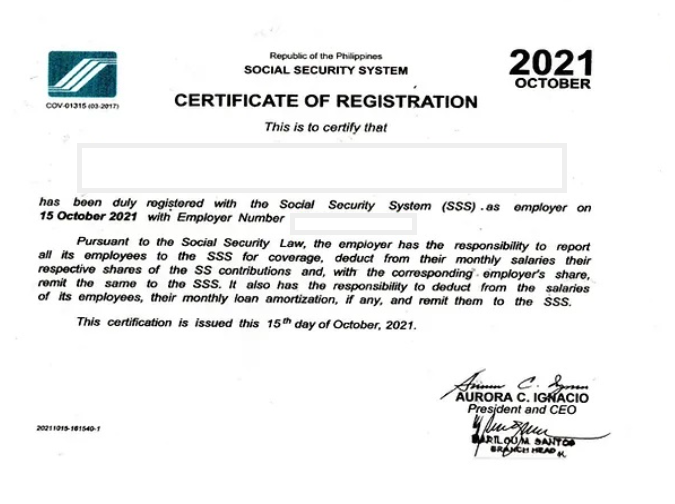 SSS Certificate of Registration (Sample)