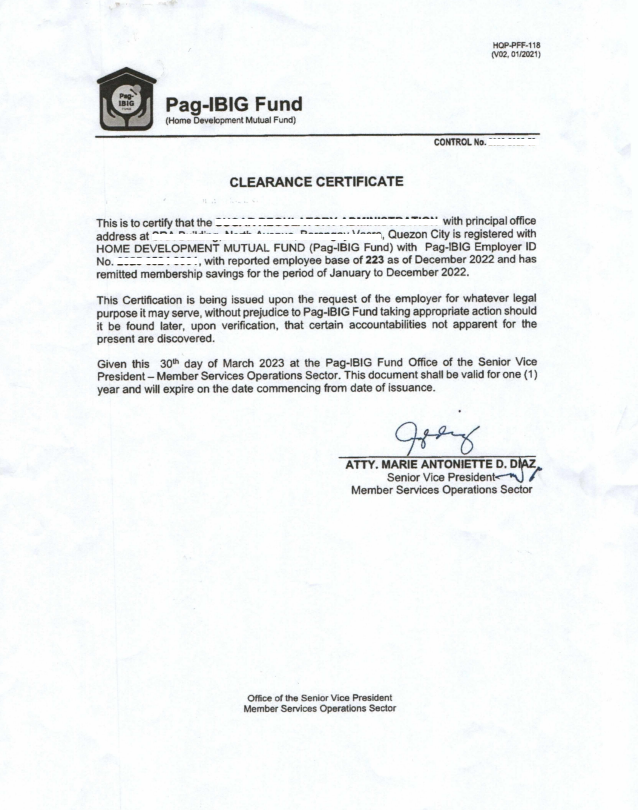 Pag-IBIG Clearance Certificate for Employers 9Sample)