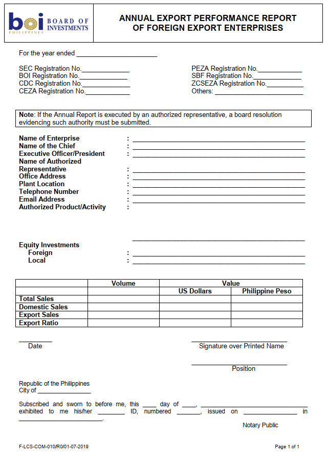 Annual Export Performance Report (AEPR) of Foreign Export Enterprises Form