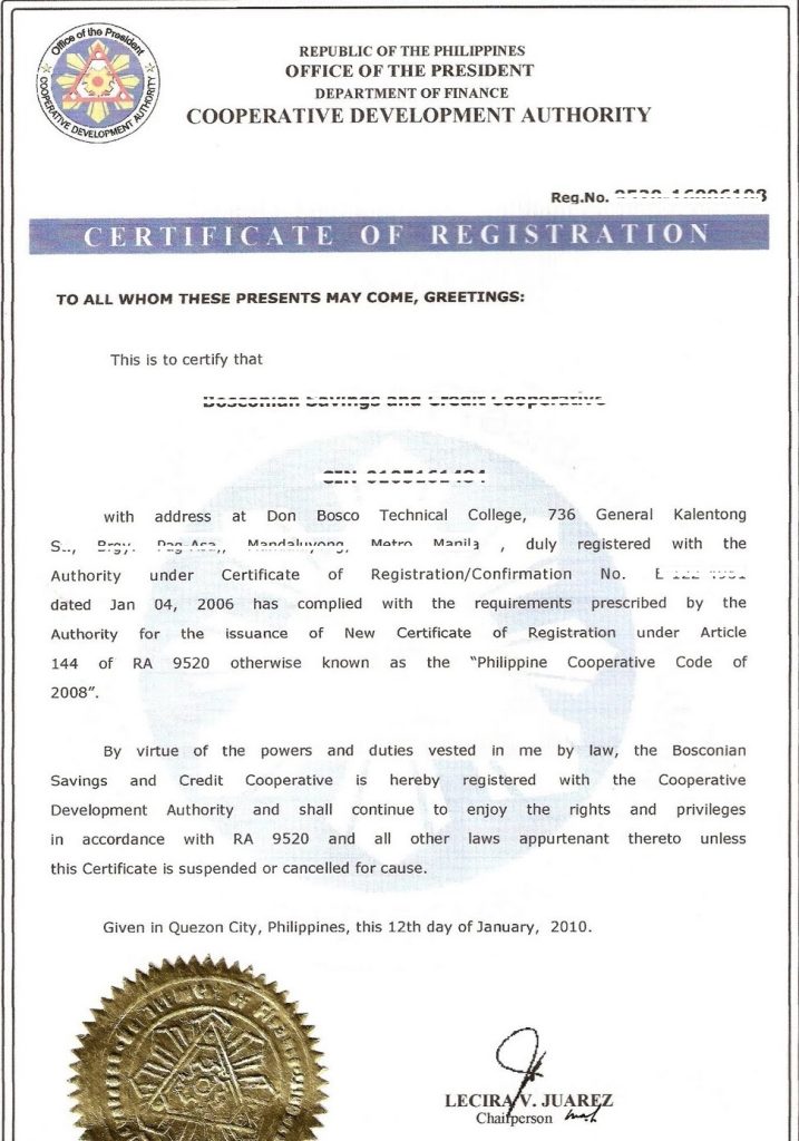 CDA Certificate of Registration (for Cooperatives)