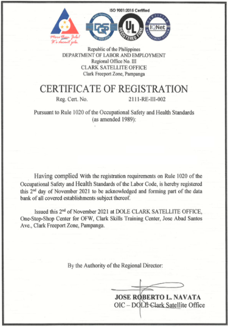 DOLE Rule 1020 certificate of Registration