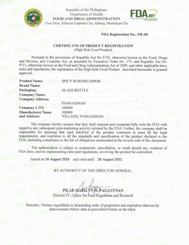 FDA Certificate of Product Registration (CPR)