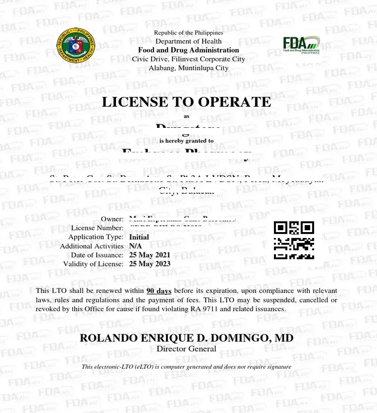 FDA License to Operate (LTO)