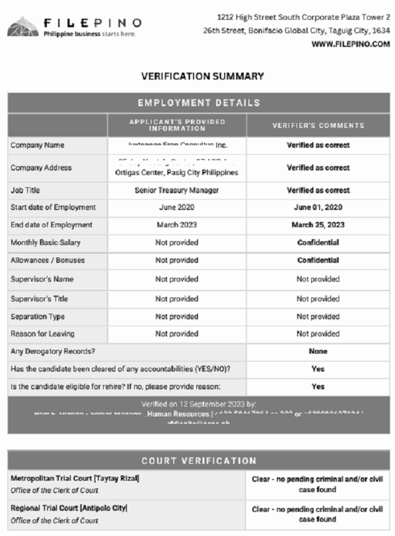 Sample Background Check Report (Employment Details and Criminal Record Sections of a Multi-Page Background Check Report)