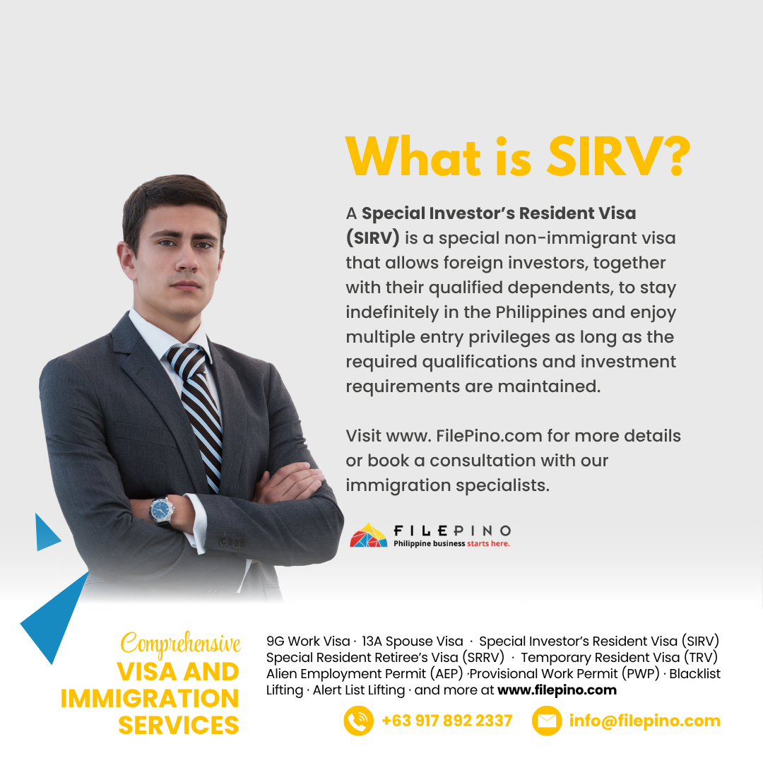 Special Investor’s Resident Visa (SIRV) Application Assistance in the Philippines