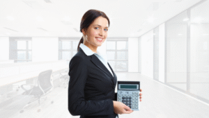 a forensic accountant that is holding a calculator