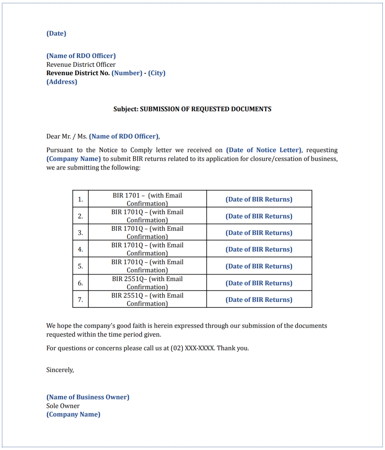 Sample BIR Letter of Compliance