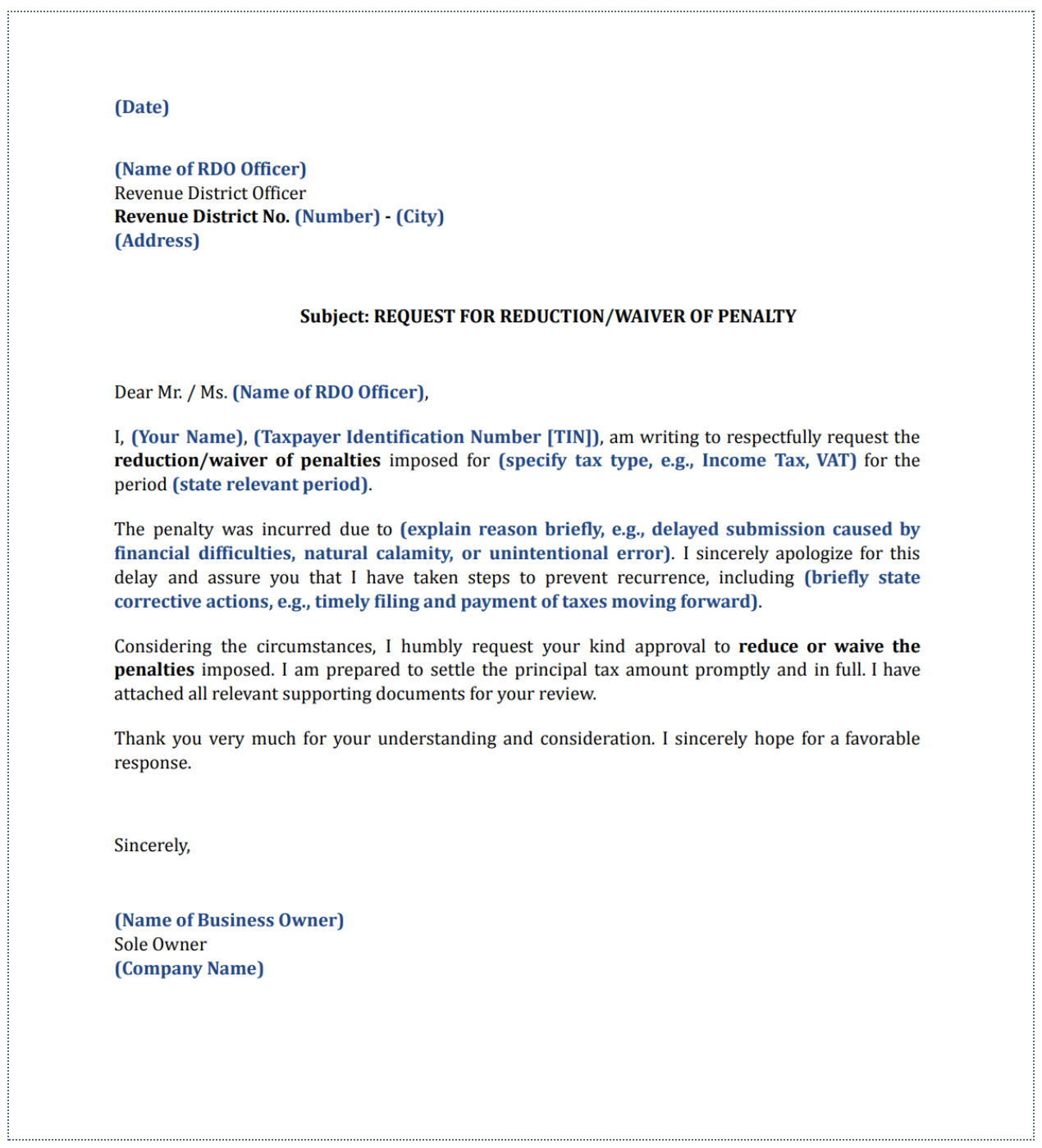 Sample Request Letter to Reduce BIR Penalties