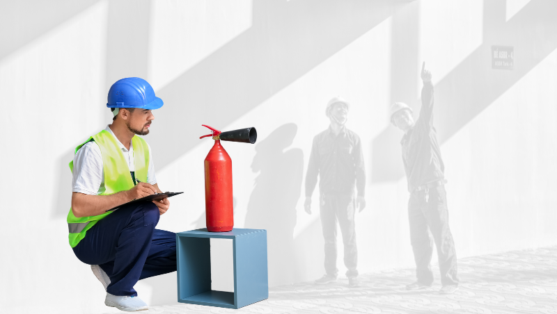 Fire inspector reviewing commercial building