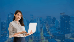 a girl in a central business district